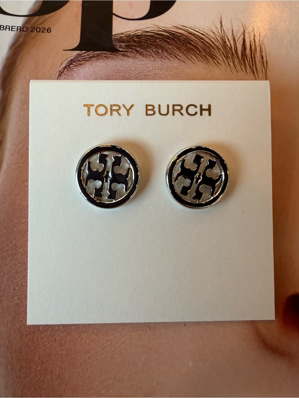 Tory Burch Silver Round Logo Stud Earrings